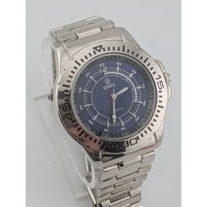 Qbos Watch Men 43mm Case Blue Dial Silver 7.75" Band- New Battery
